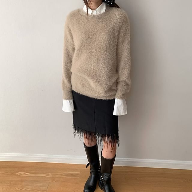 Striinkie-Crew Neck Plain Fluffy Sweater