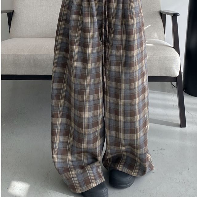 Cossita-Drawstring Waist Plaid Baggy Pants