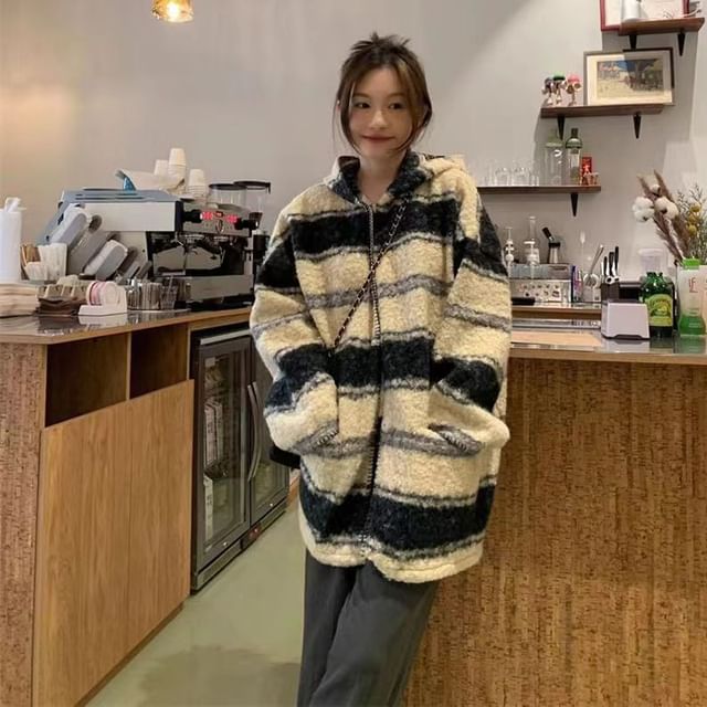 Everose-Striped Hooded Coat