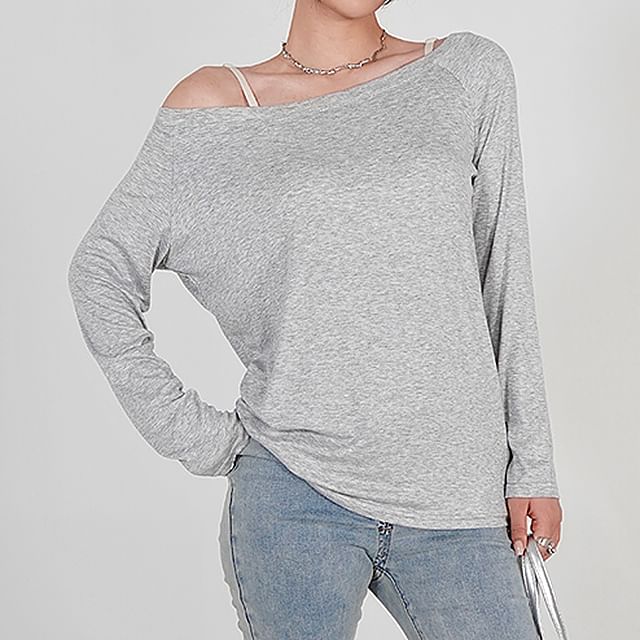 Amyway-Long-Sleeve Boatneck Plain Tee