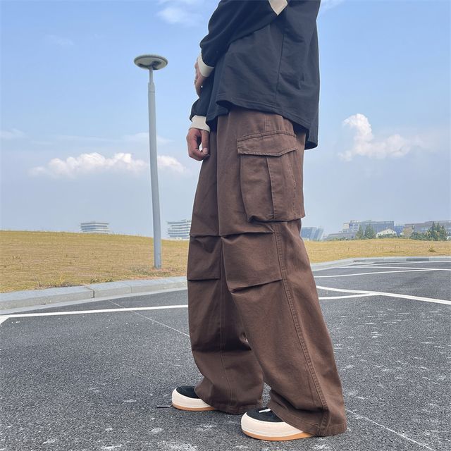 Vozenilek Plain Wide Leg Cargo Pants YesStyle