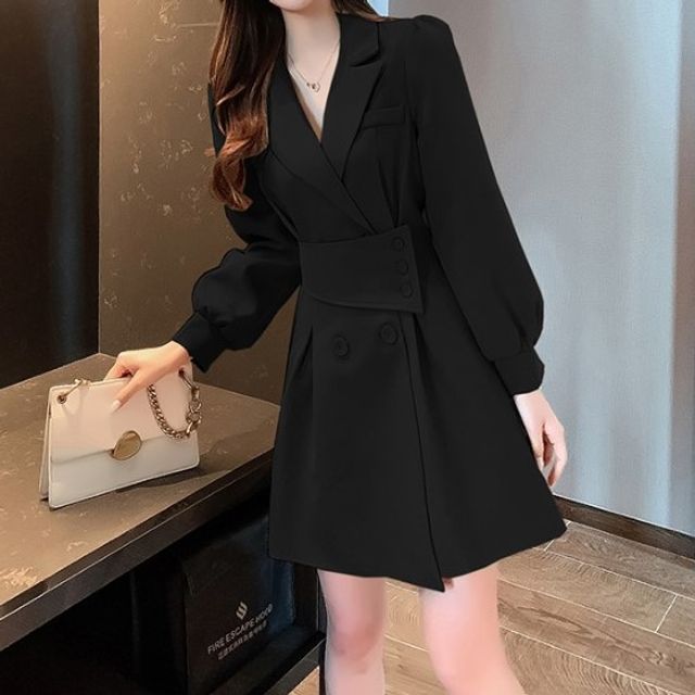 Amanee Puff-Sleeve V-Neck Plain Mini Blazer Dress YesStyle