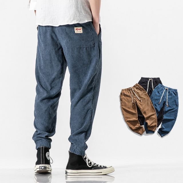 Lefitt-High Waist Plaid Corduroy Harem Pants