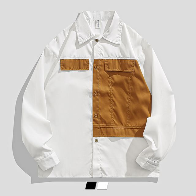 purplelouve-Collared Color Block Button Jacket