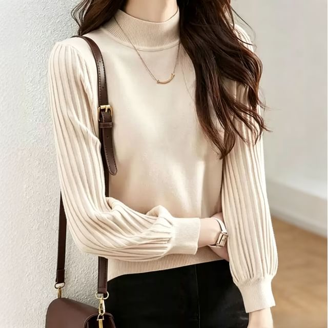 Daybreak-Long-Sleeve Mock Neck Plain Ribbed Knit Top