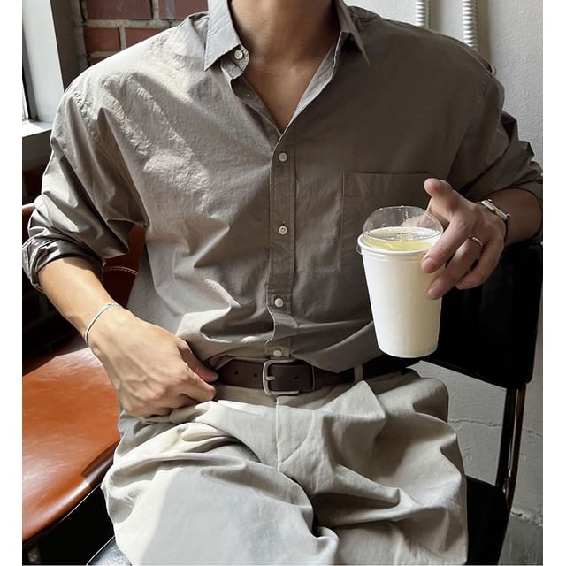 Omozando-Long-Sleeve Plain Button-Up Shirt