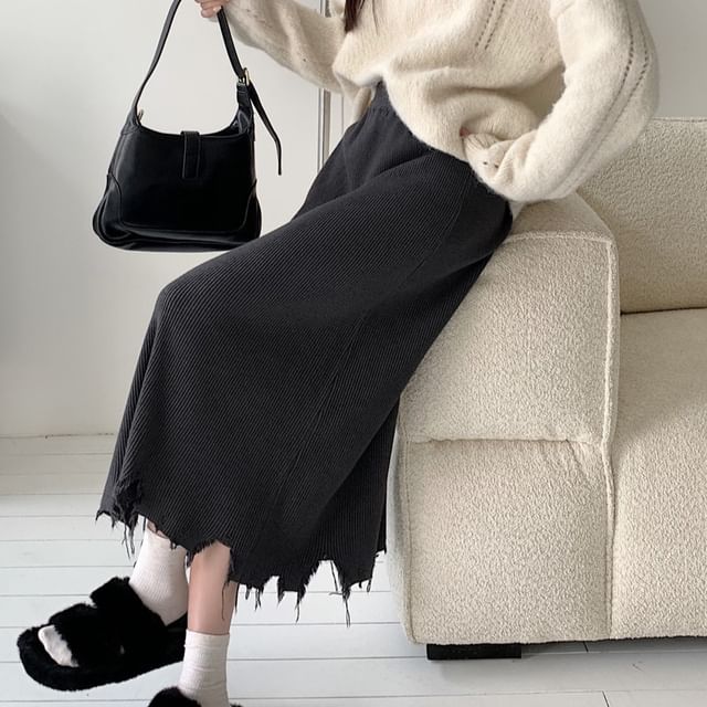 Yako-High Waist Plain Knit Midi Skirt
