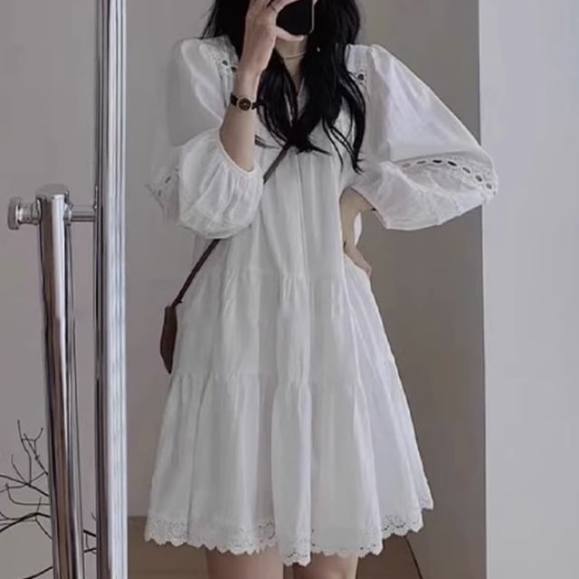 chinese dress ladies Smocked Dress in White & Pink with Lace Sleeves – Pleats and Stitches main image 0