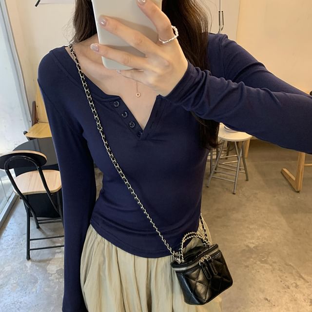 Asiris-Long Sleeve Half Button V-Neck Plain Slim-Fit Tee