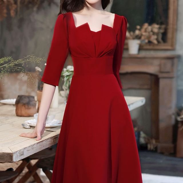 Angel Bridal - 3/4-Sleeve Square Neck Plain Midi A-Line Dress | YesStyle