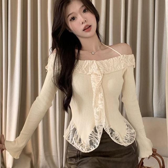OGAWA-Long-Sleeve Off Shoulder Lace Plain Top