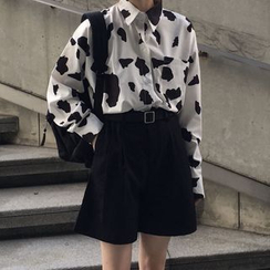 monroll - Dairy Cow Printed Long-Sleeve Shirt / Wide Leg Shorts / Belt monroll - Dairy Cow Printed Long-Sleeve Shirt / Wide Leg Shorts / Belt