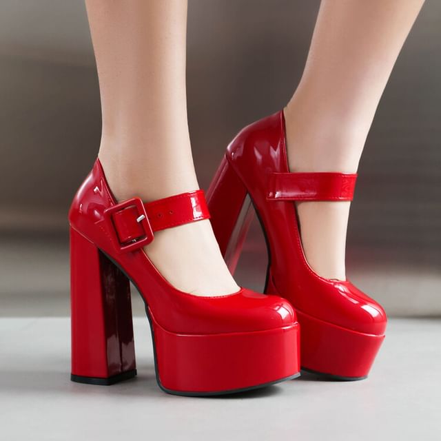 Freesia-Platform Patent Leather Block Heel Mary Jane Pumps