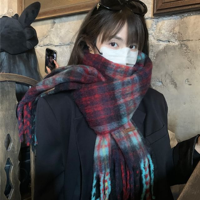 HATHOT-Plaid Fringed Wool Scarf