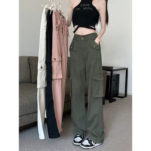 Furtallime - Low Waist Plain Wide Leg Cargo Pants