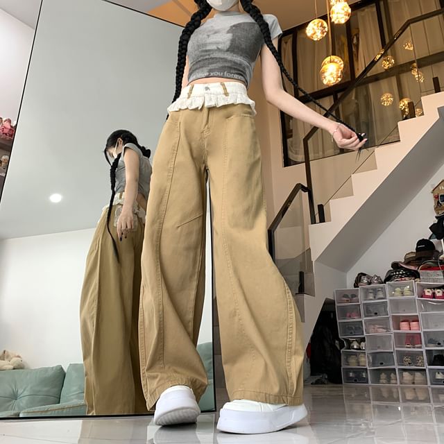 2DAWGS-High Rise Plain Ruffled Wide Leg Pants