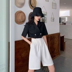 Be Bonita - Lapel Collar Double-Buttoned Cropped Top / High-Waist Plain Shorts Be Bonita - Lapel Collar Double-Buttoned Cropped Top / High-Waist Plain Shorts