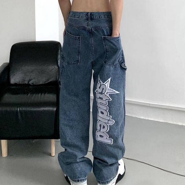 GRAYCIOUS - Lettering Embroidered Baggy Jeans