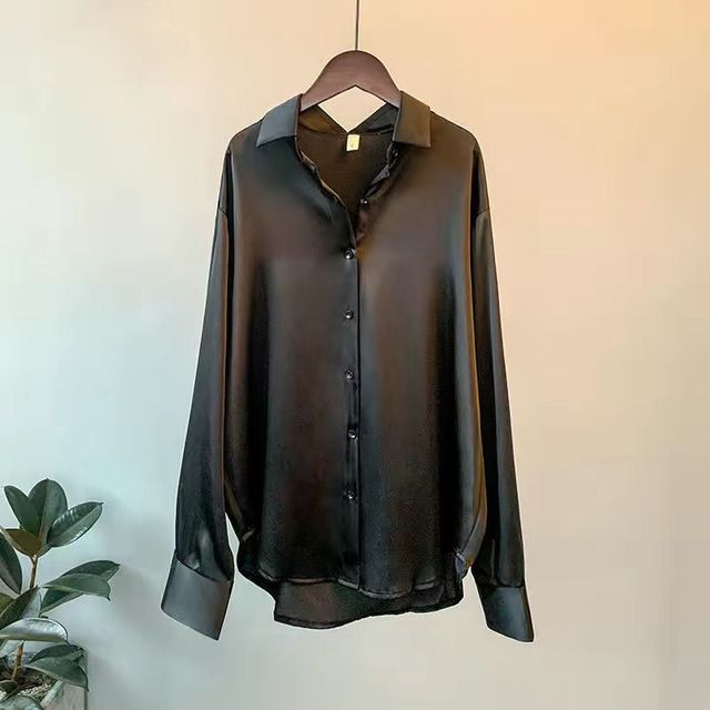 INEN-Long-Sleeve Plain Dip-Back Satin Shirt-XL