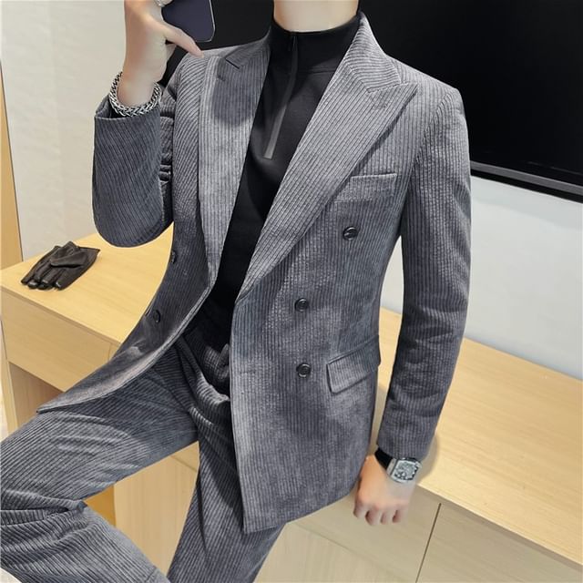 Blueforce-Set Peak Lapel Corduroy Double-Breasted Blazer Mid Rise Tapered Dress Pants