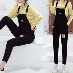SUFU - Long-Sleeve Striped T-Shirt / Label Applique Ripped Denim Dungaree / Set SUFU - Long-Sleeve Striped T-Shirt / Label Applique Ripped Denim Dungaree / Set
