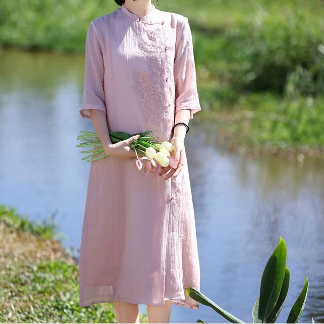 lynnhyee - Elbow-Sleeve Linen Plain Midi Dress | YesStyle lynnhyee - Elbow-Sleeve Linen Plain Midi Dress | YesStyle