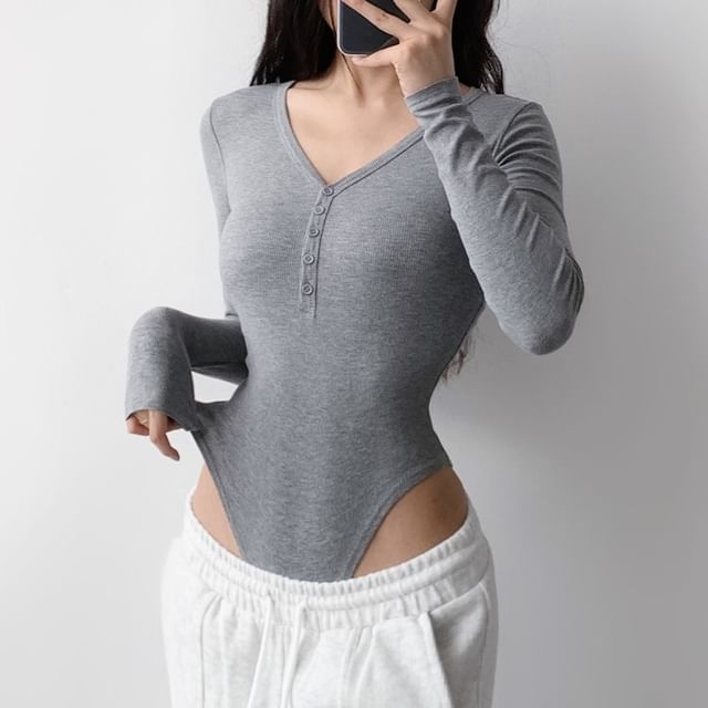 Ulark-Long-Sleeve V-Neck Plain Half-Buttoned Bodysuit Top