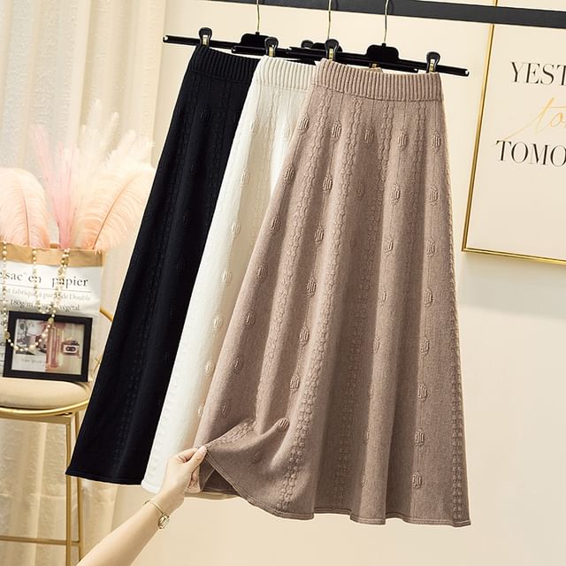 Hevnir-High waist Plain Midi A-Line Knit Skirt