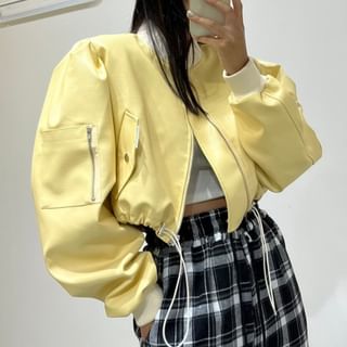 Coris-Bubble Sleeve Faux Leather Plain Cropped Bomber Jacket