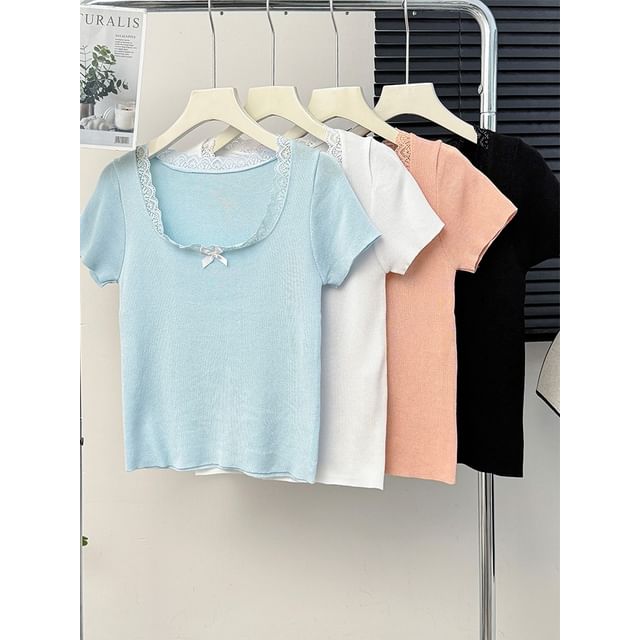 Lemongrass-Lace-Trim Square-Neck Crop Tee