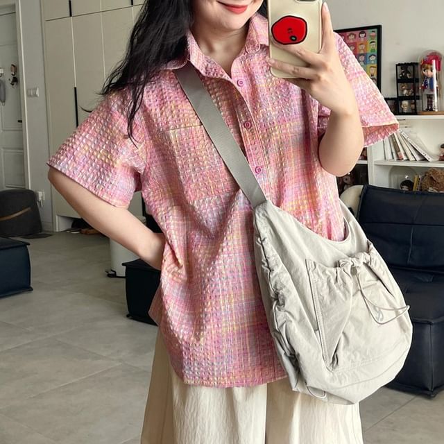 JVL-Short-Sleeve Plaid Button-Up Shirt