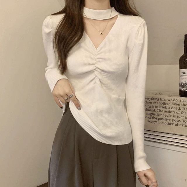 Sisyphi-Long Sleeve Mock Neck Plain Cutout Ribbed Knit Top