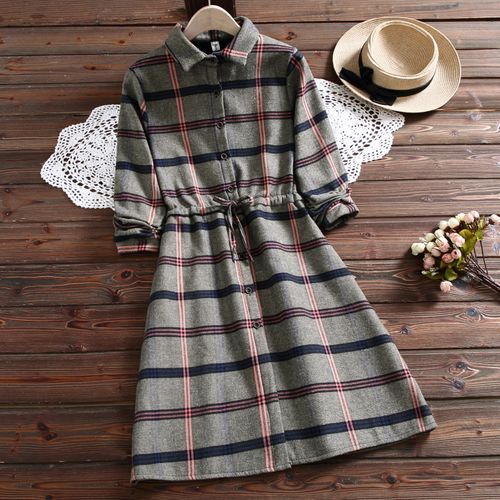 knee length dresses for ladies Plaid Check Shirt Dress