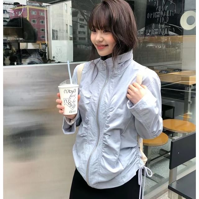 Alfie-Long-Sleeve Stand Collar Drawstring Hem Zip Up Jacket