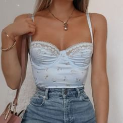 Honet - Floral Print Lace Trim Bustier Top Honet - Floral Print Lace Trim Bustier Top