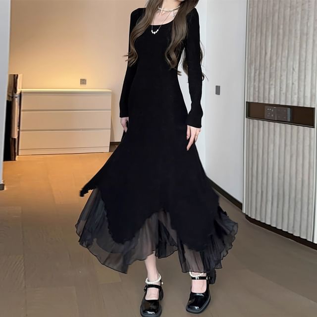 innomori - Long-Sleeve Square Neck Plain Asymmetrical Panel Maxi A-Line Dress | YesStyle innomori - Long-Sleeve Square Neck Plain Asymmetrical Panel Maxi A-Line Dress | YesStyle
