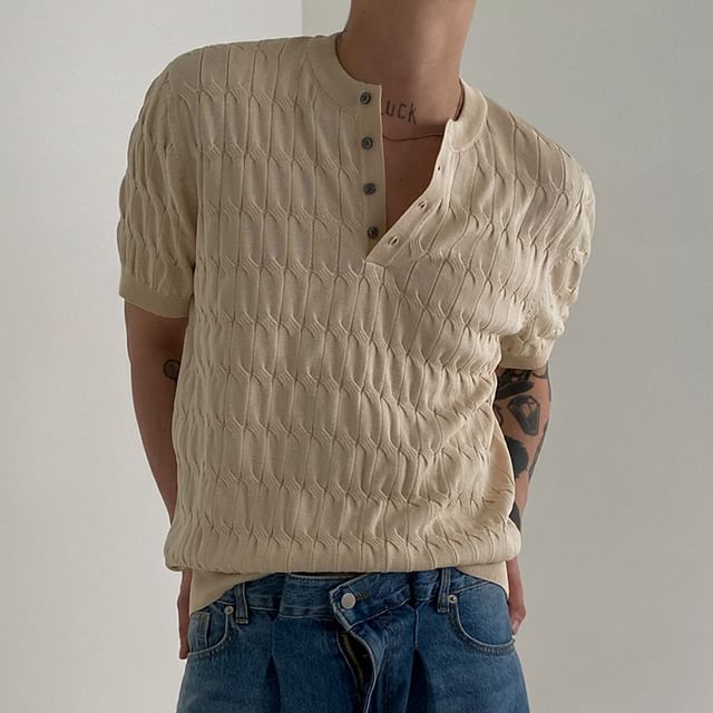 GRAYCIOUS-Elbow-Sleeve Henley Plain Cable Knit Top