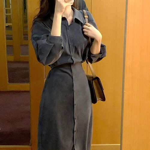 Puff-Sleeve Plain Midi Shirt Dress