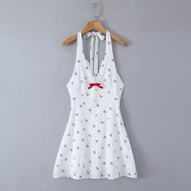Yukis - Halter V-Neck Cherry Print Bow Mini A-Line Dress | YesStyle