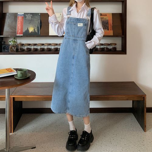 Gilmort Denim Midi A Line Overall Dress YesStyle