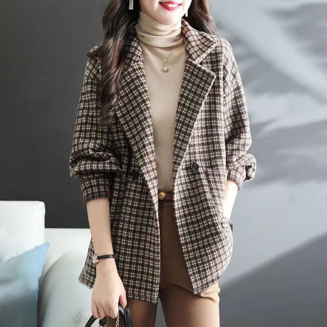 INEN-Lapel Collar Plaid Double-Breasted Coat