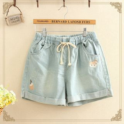 Kawaii Fairyland - Embroidered Drawstring Denim Shorts Kawaii Fairyland - Embroidered Drawstring Denim Shorts