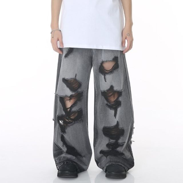 FAERIS-Mid Rise Distressed Wide Leg Jeans