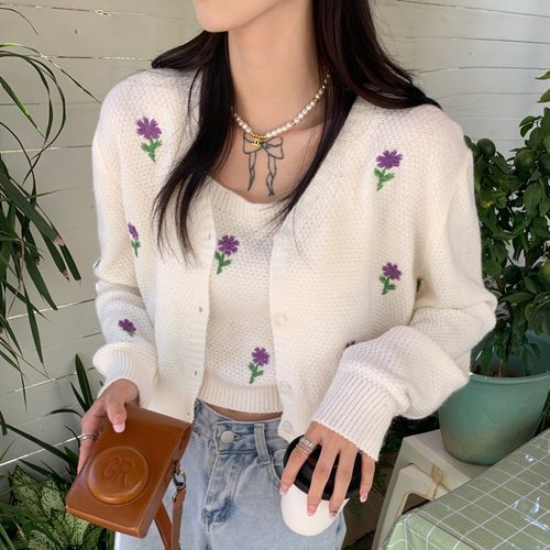 Flower Embroidered Cami & Cardigan Sweater Set