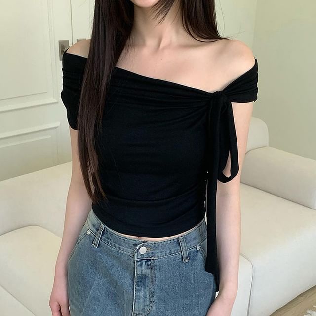 Ulark-Off Shoulder Short-Sleeve Plain Ruched Crop Top