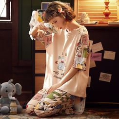 Ribbonsong - Pajama Set: Printed Long-Sleeve Top + Lounge Pants Ribbonsong - Pajama Set: Printed Long-Sleeve Top + Lounge Pants