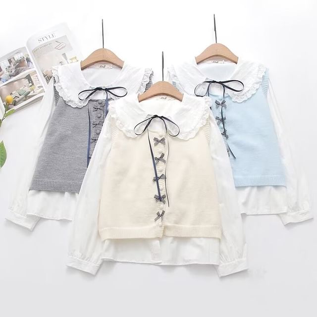 PANDAGO-Set Long-Sleeve Collared Plain Ruffle Trim Blouse Crew Neck Plain Bowknot Sweater Vest