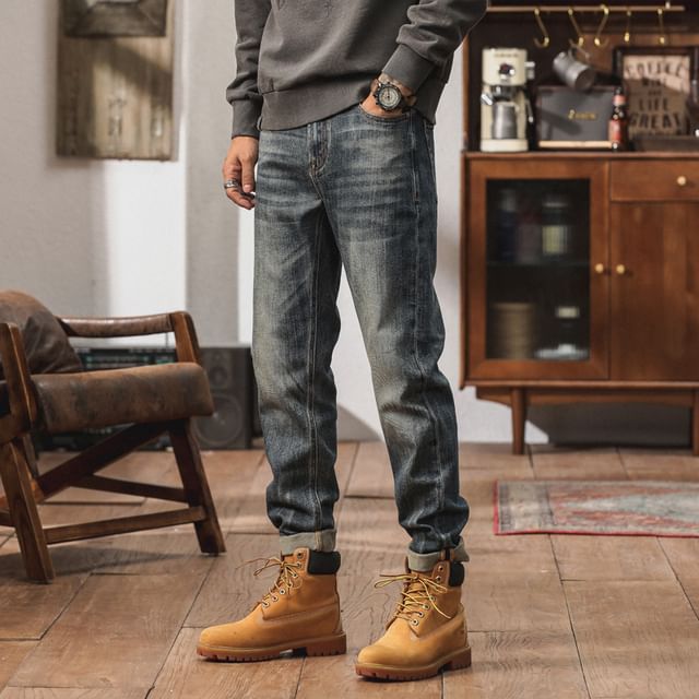 Denimic-Mid Rise Washed Tapered Jeans