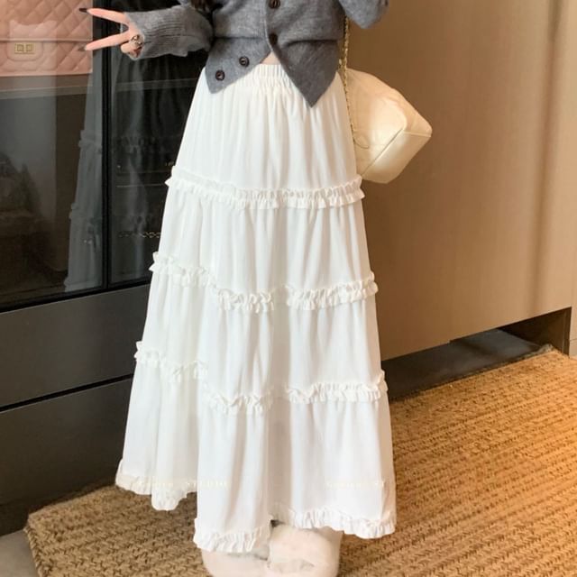 Beem-High Waist Plain Ruffle Maxi A-Line Skirt