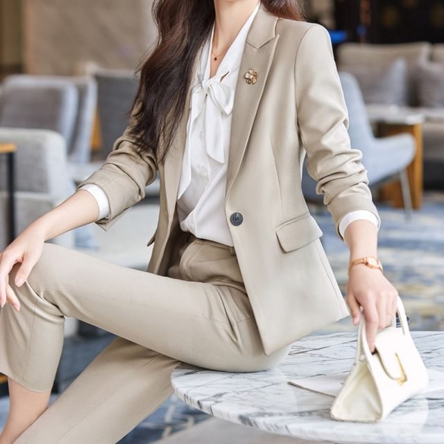Skyheart-Peak Lapel Plain Single Breasted Blazer High Waist Mini Pencil Skirt Cropped Straight Leg Dress Pants Long-Sleeve Tie Neck Plain Blouse Set